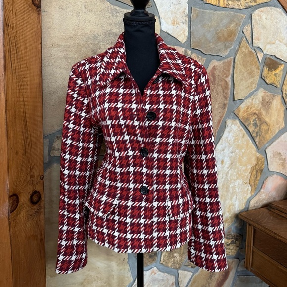LIZ CLAIBORNE Wool Blend Houndstooth Peplum Maroon Orange Jacket (XL) - Picture 17 of 17
